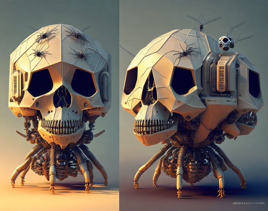 Robotic skull digital artwork with spider-like appendages on warm-toned background