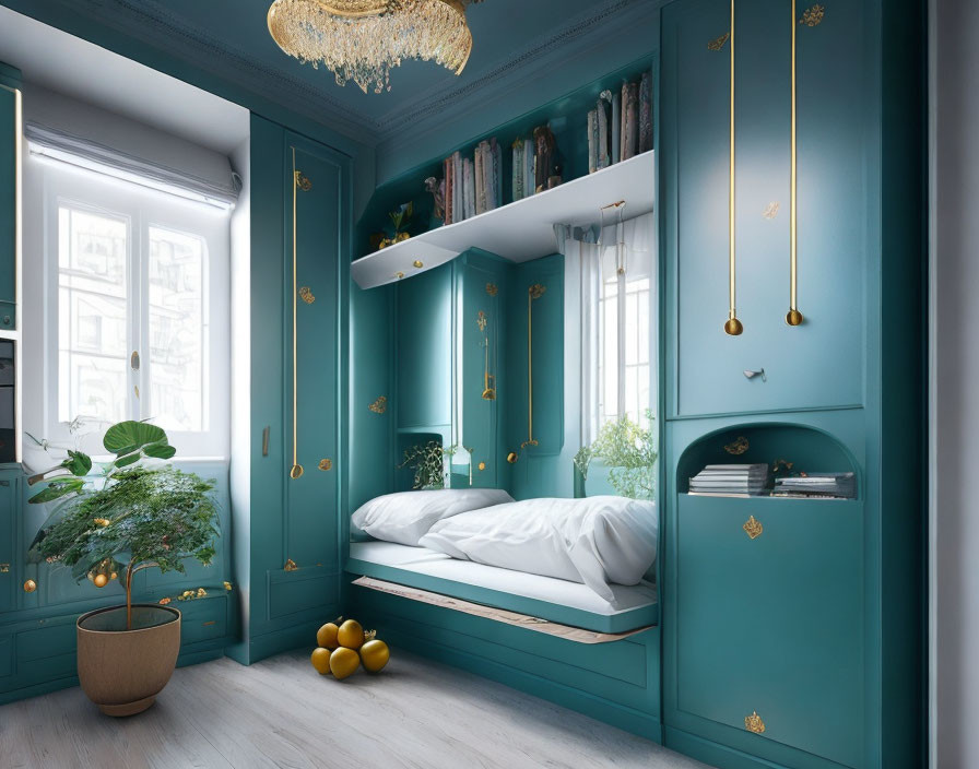 Teal and Gold Bedroom Decor with Chandelier and Greenery