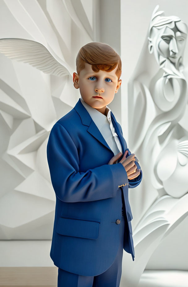 Young boy in blue suit contemplates abstract white wall art