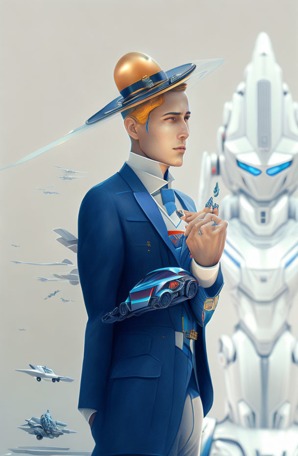 Futuristic man in suit with hovering hat, small spacecraft, sleek robot, and jets.