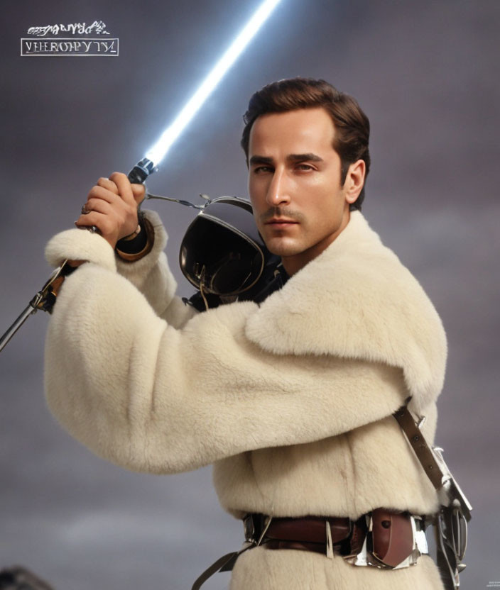 Stylized heroic figure in white fur coat wields lightsaber with blaster at waist