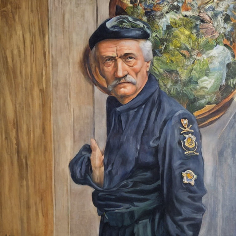 Portrait of stern man in beret and navy uniform beside vibrant flowers