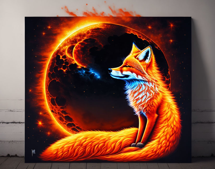 Colorful Fox Painting with Celestial Background