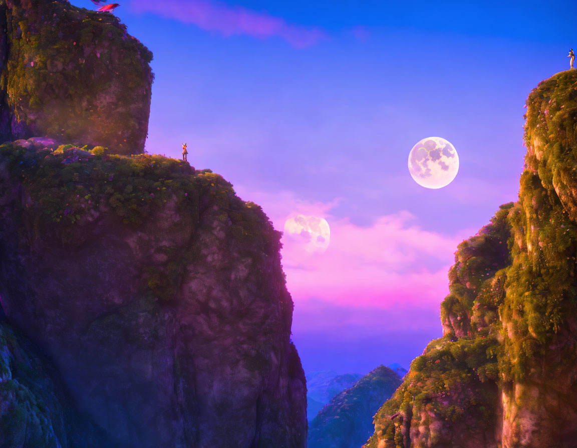 Surreal landscape with two moons, cliff-top figures, vibrant skies & lush greenery