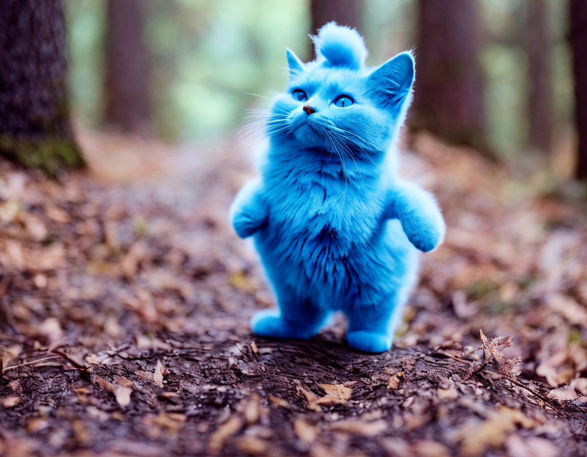 Blue Fluffy Cat Standing in Forest on Hind Legs