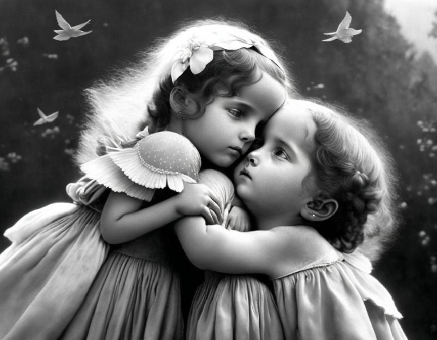 Young girls embracing with butterfly and birds in grayscale setting