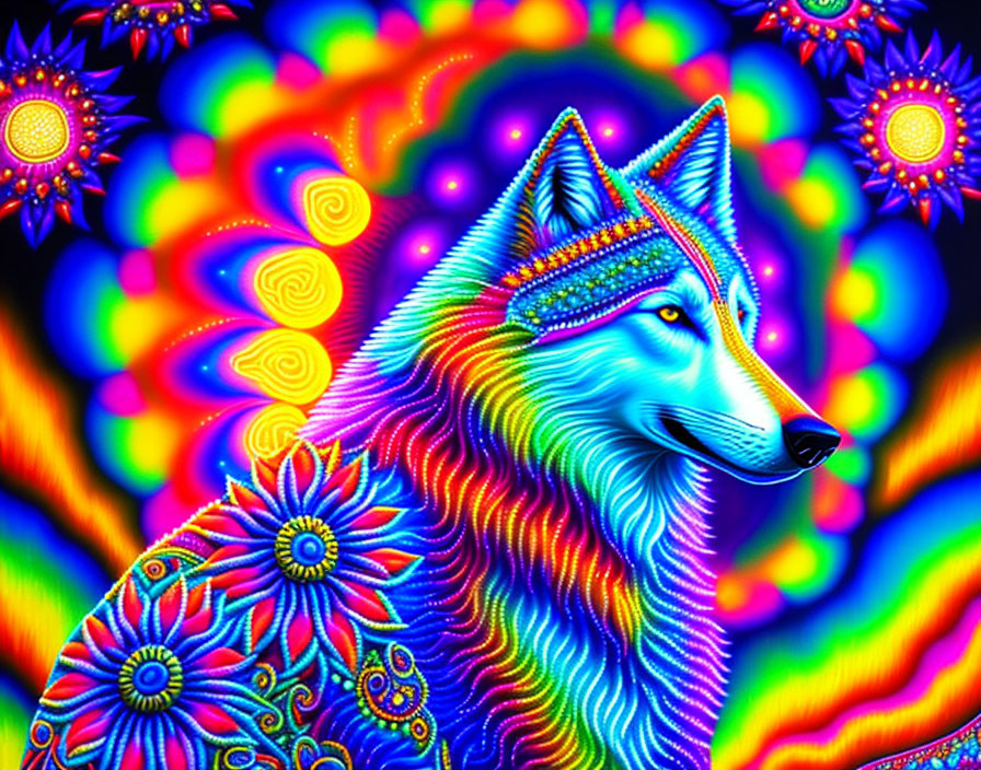 Colorful Psychedelic Wolf Artwork with Neon Swirls