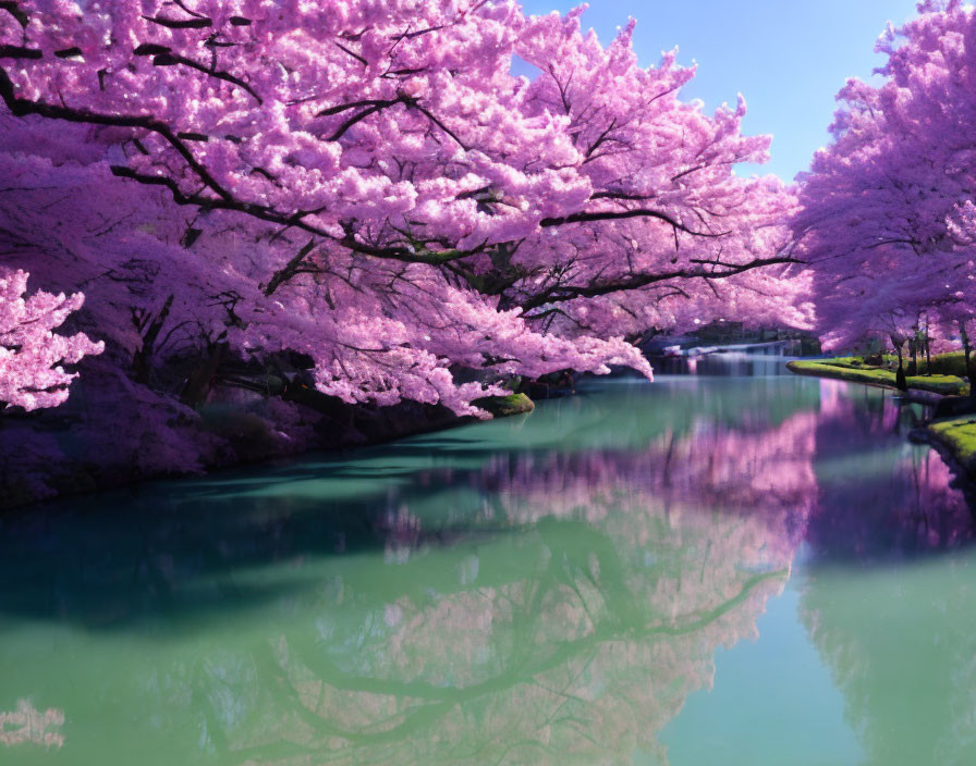 Tranquil Lake Scene: Pink Cherry Blossoms, Clear Blue Sky