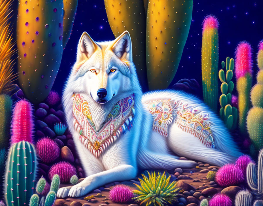 Vibrant Husky Illustration Among Cacti and Starry Sky