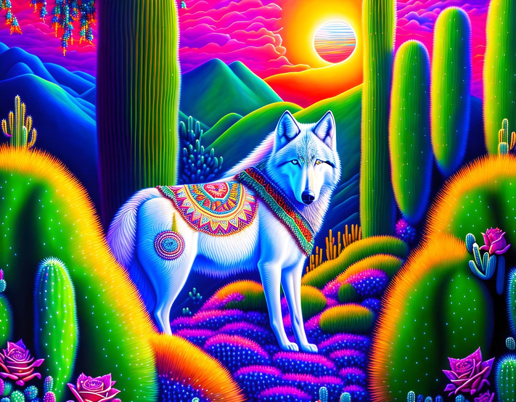 Colorful Wolf Illustration in Psychedelic Cactus Sunset