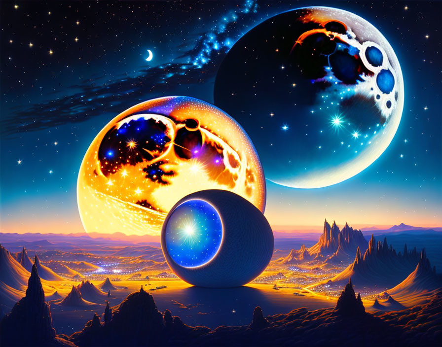 Vibrant cosmic landscape with planets, stars, moon, and alien terrain