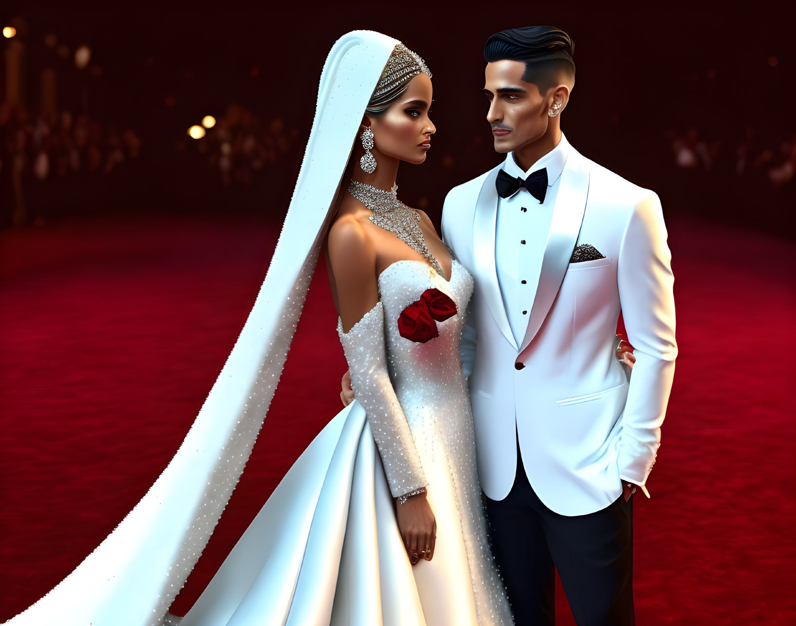 Bride in white gown and groom in tuxedo at formal event