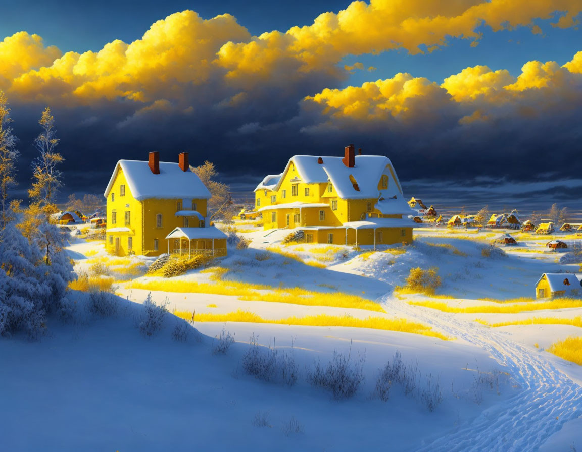 Vibrant yellow houses and trees in surreal winter landscape