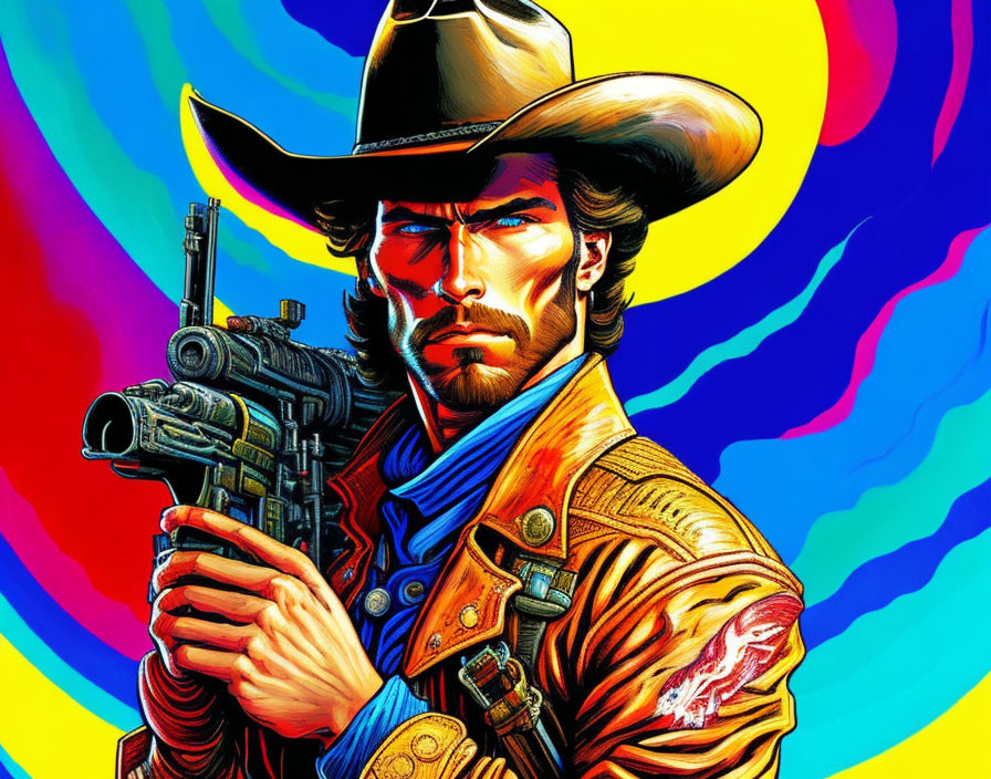 Colorful illustration of a bearded man in a cowboy hat with a futuristic firearm on a psychedelic backdrop