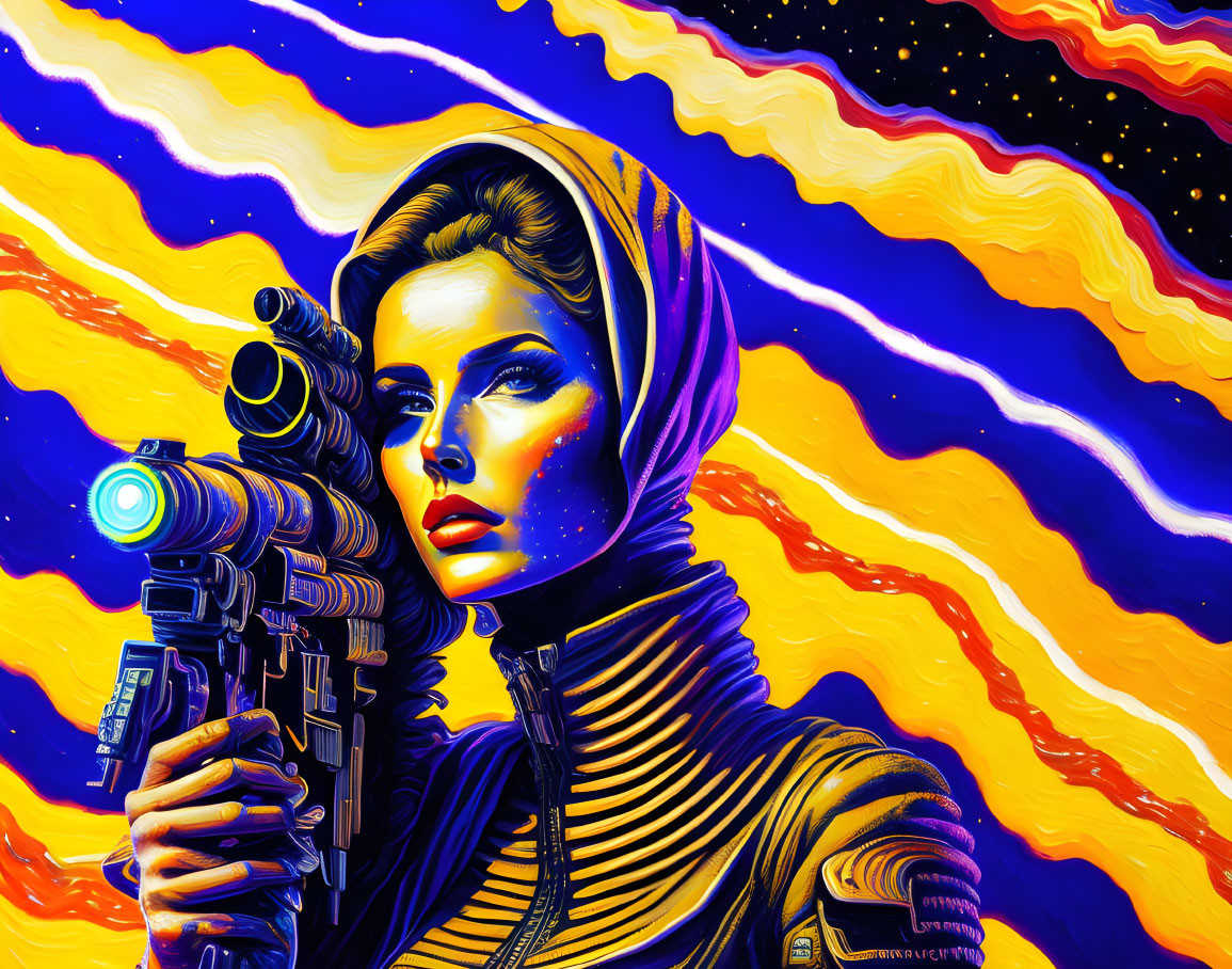 Colorful futuristic space suit woman with blaster in cosmic background