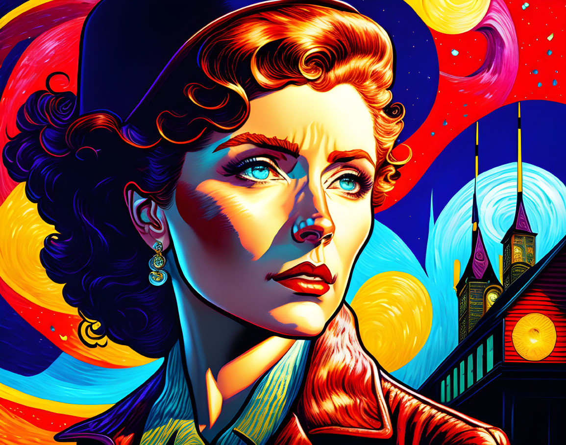 Colorful Stylized Portrait of Woman with Cosmic Background