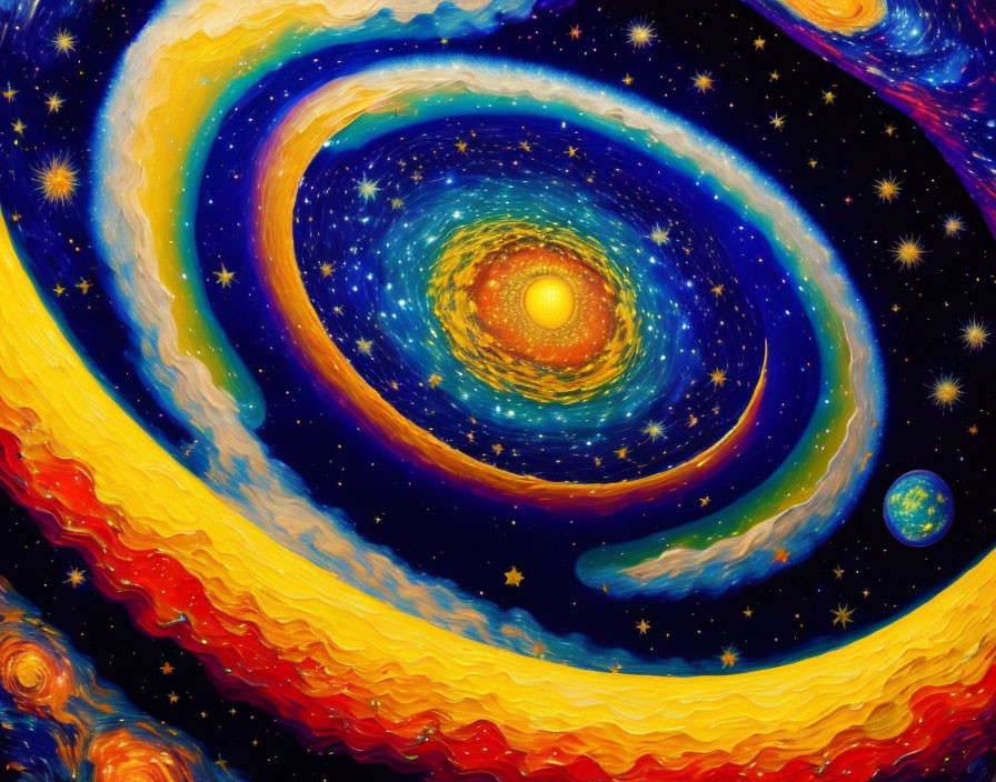 Swirling Galaxy Painting with Yellow Star on Blue Background