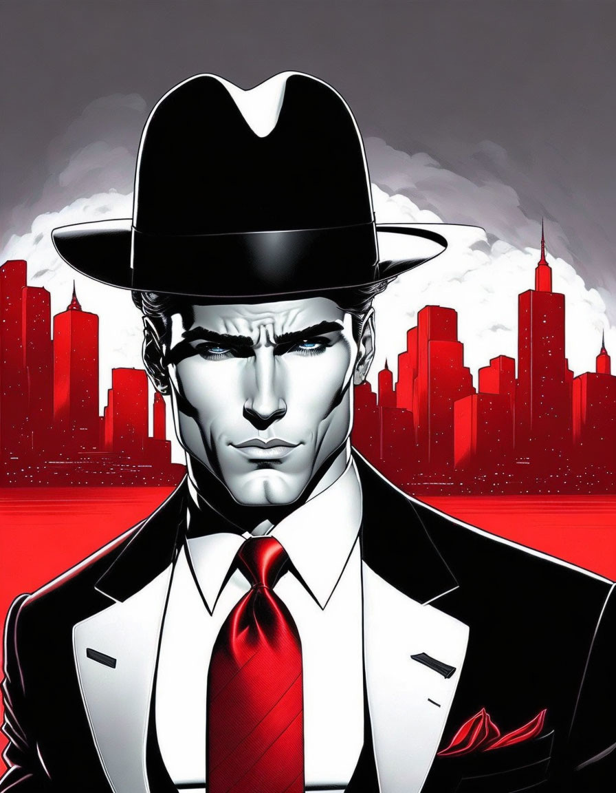 Man in White Suit and Fedora with City Skyline Illustration