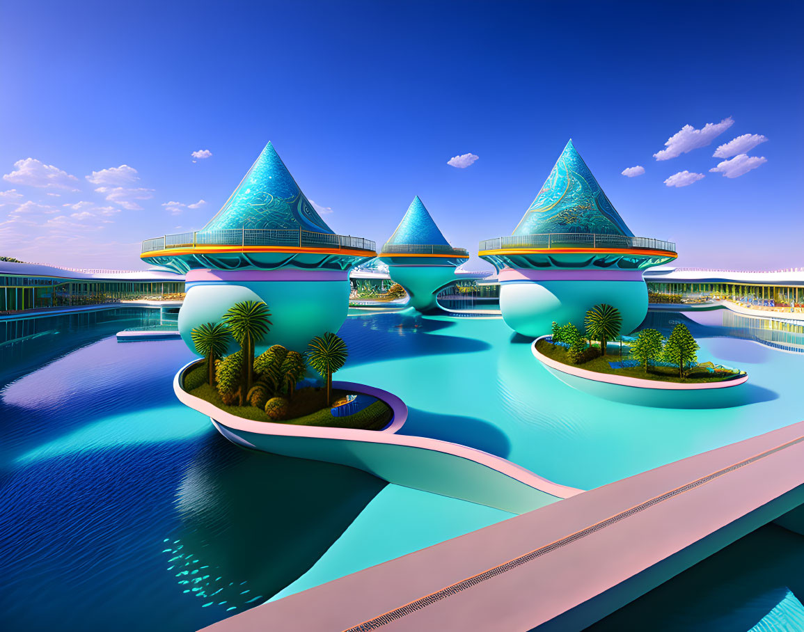 Futuristic cone-shaped structures by turquoise pool