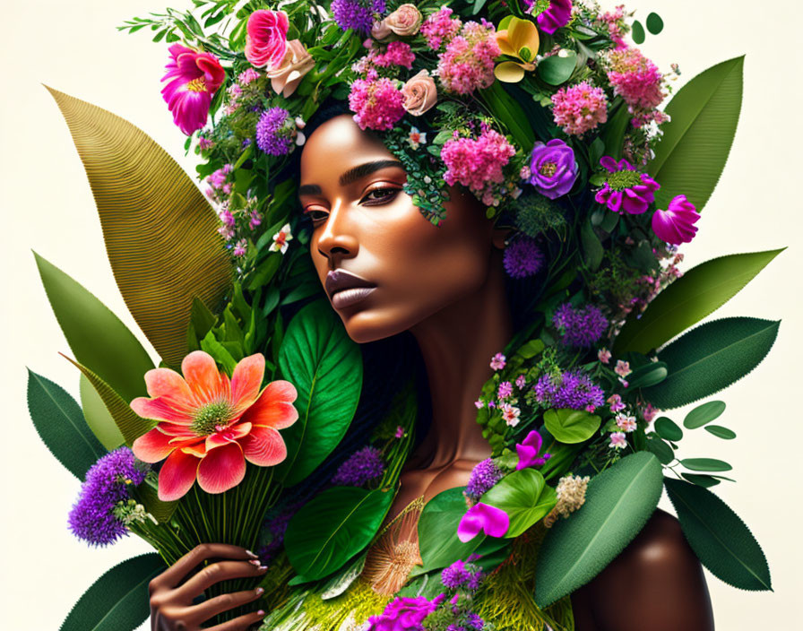 Woman adorned with vibrant flowers and lush greenery symbolizing nature and floral artistry