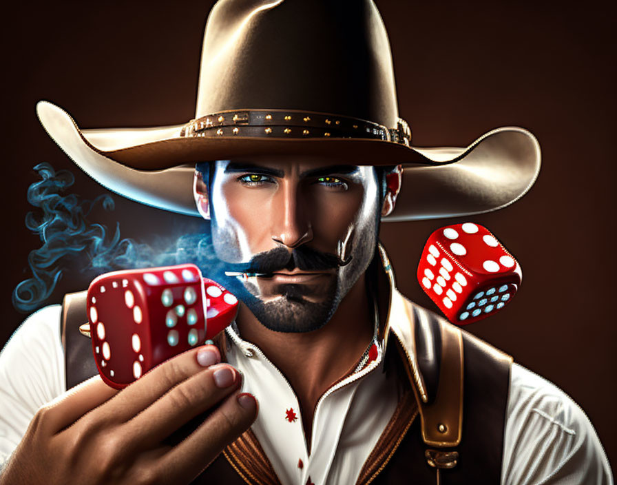 Stylized cowboy with hat, cigar, and red dice on brown background