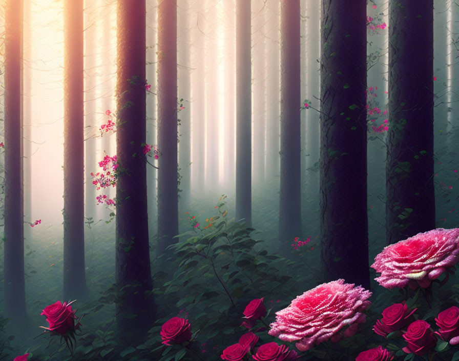 Mystical forest with sunrays, mist, and pink flowers