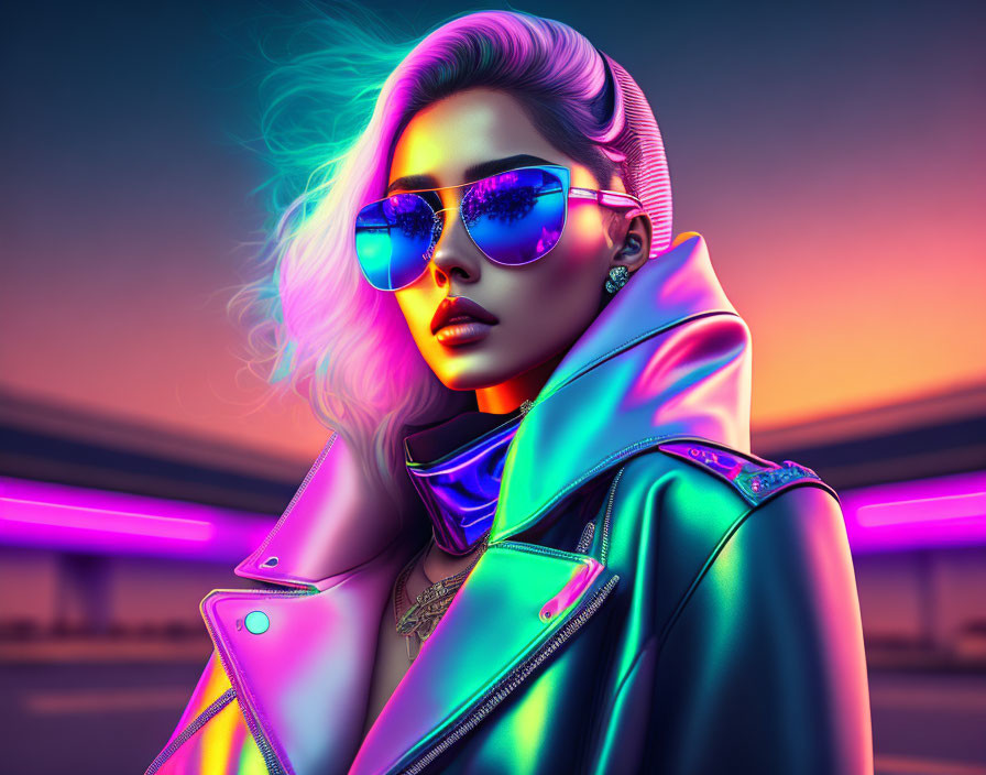 Vibrant neon-lit portrait of a woman in futuristic attire against colorful sky