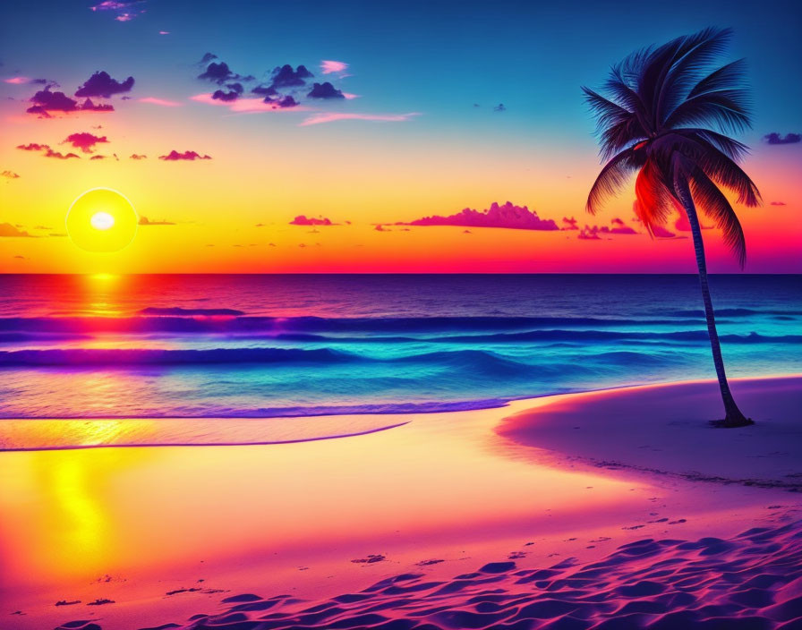 Colorful sunset over ocean with palm tree silhouette on tranquil beach