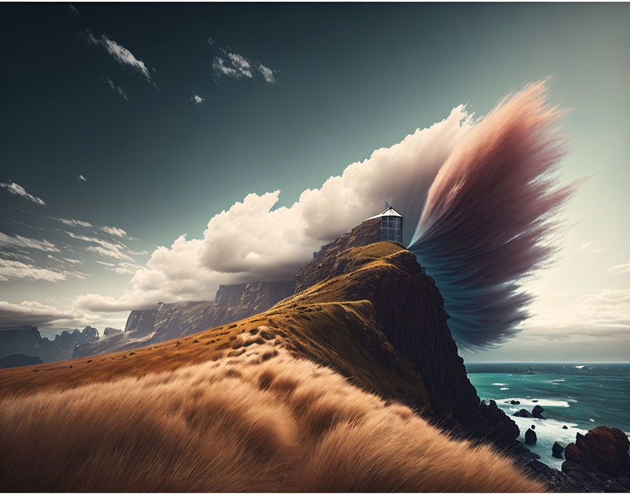 Scenic windmill on cliff overlooking ocean