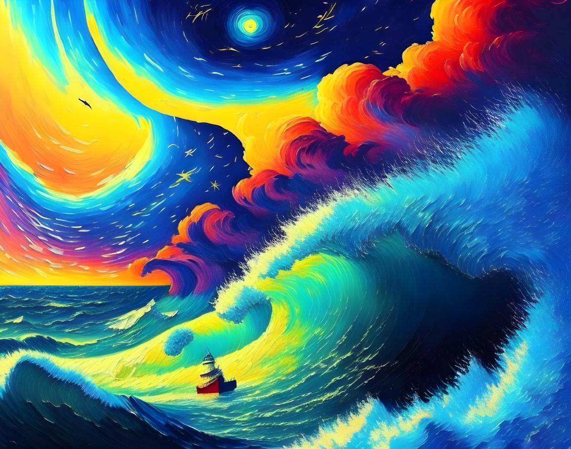 Vibrant Van Gogh-inspired painting: Swirling blue and yellow skies over tumultuous sea with