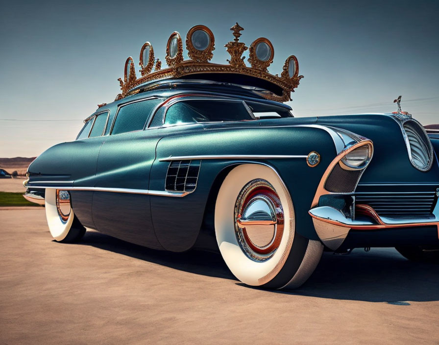 Vintage teal car with golden crown, white-wall tires, parked under clear sky