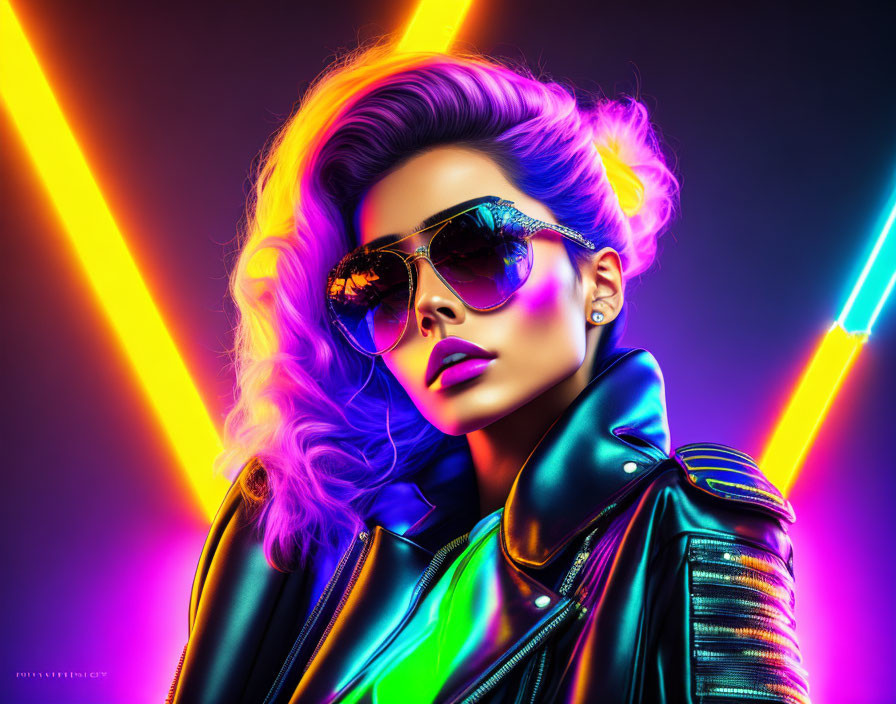 Vibrant purple hair woman in sunglasses and leather jacket on neon background