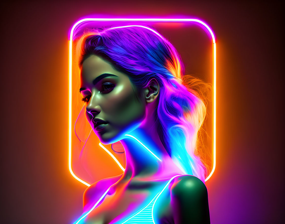 Profile of a Woman with Vibrant Neon Lighting and Glowing Outline