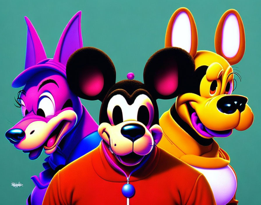 Vibrant Disney characters Goofy, Mickey Mouse, and Pluto on teal background