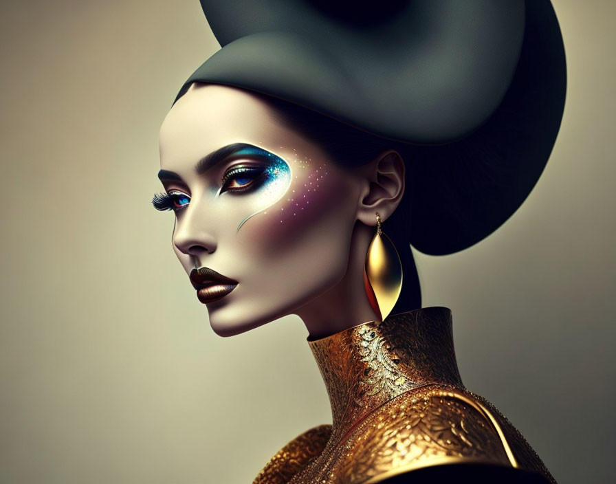 Stylized portrait of woman with cosmic makeup and large hat