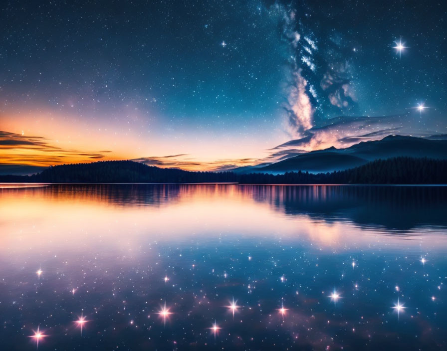 Tranquil lake with vibrant sunset and starry sky reflected.