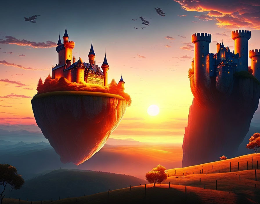 Floating island with castle at sunrise in warm sky landscape