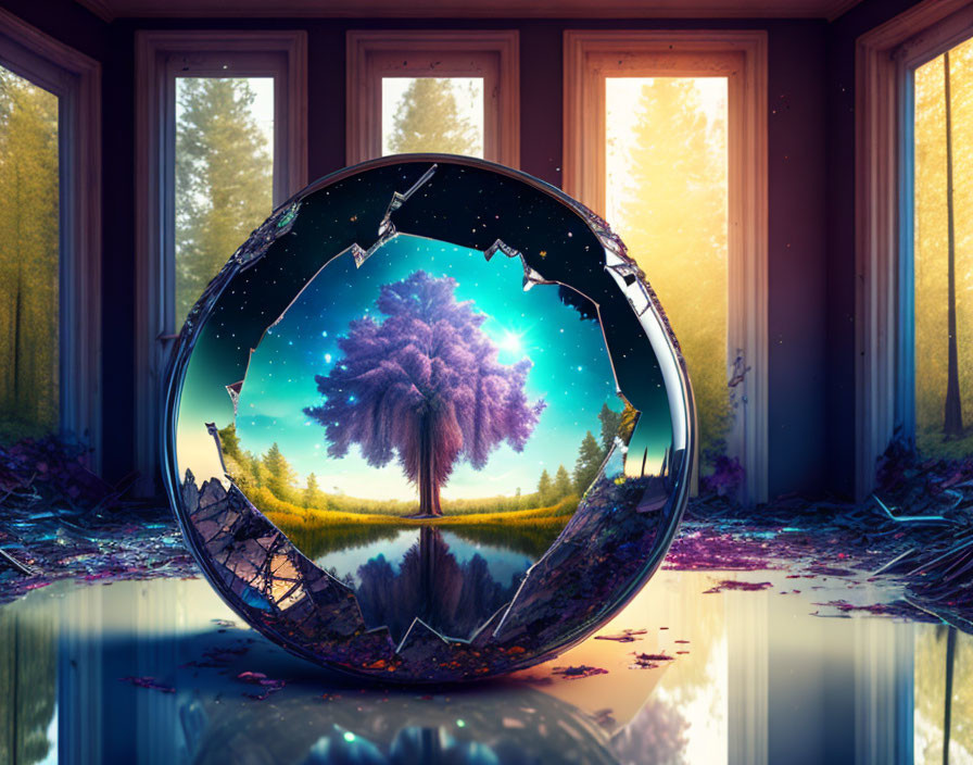 Surreal room with shattered glass orb, vibrant tree, starry sky, glossy floor