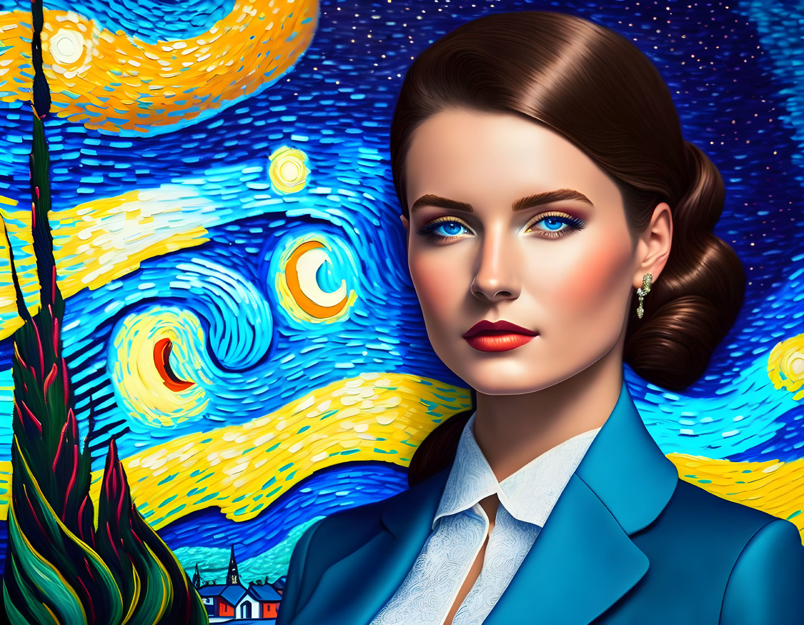 Digital art portrait of woman with classic hairdo and blue blazer against Van Gogh's "St