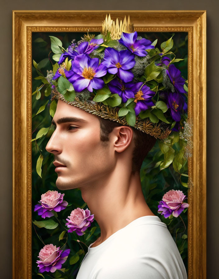 Man with Floral Crown Surrounded by Greenery and Flowers