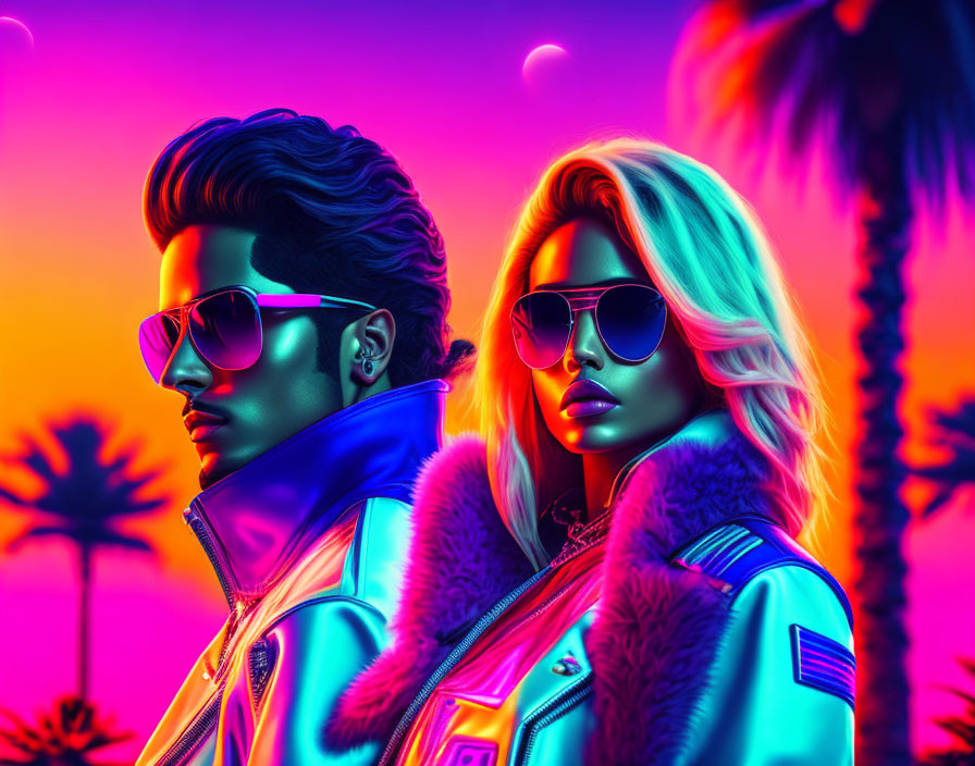 Stylized neon-lit figures in sunglasses and jackets against tropical dusk backdrop