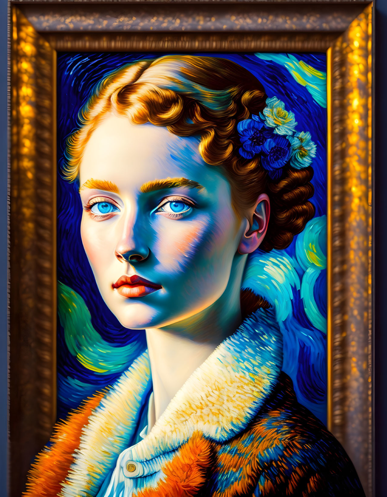 Colorful Stylized Portrait of Woman with Blue Eyes and Golden Hair