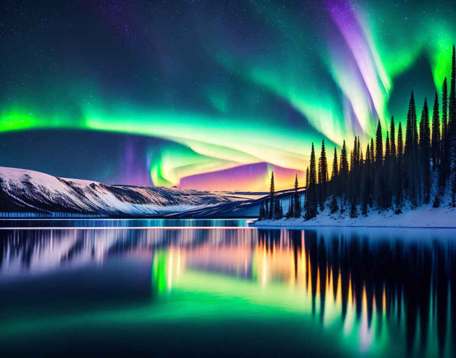 Colorful aurora borealis illuminating snowy landscape with lake, forest, and starry sky