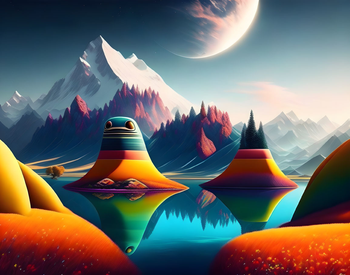 Colorful surreal landscape with undulating hills, snowy mountains, vibrant trees, reflective water, and whims