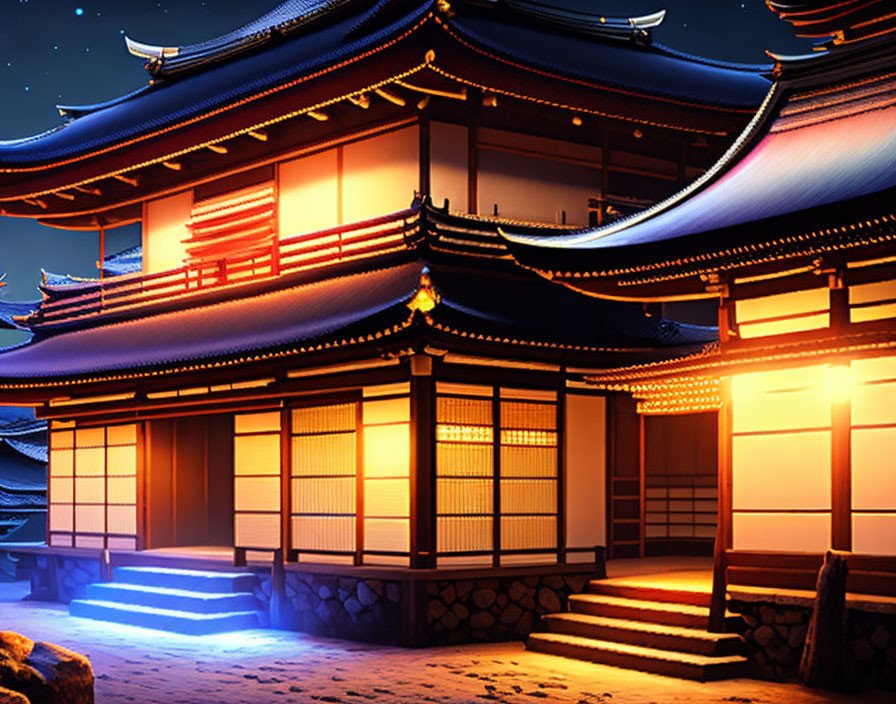 Traditional Japanese Building with Paper Lanterns under Starry Night Sky