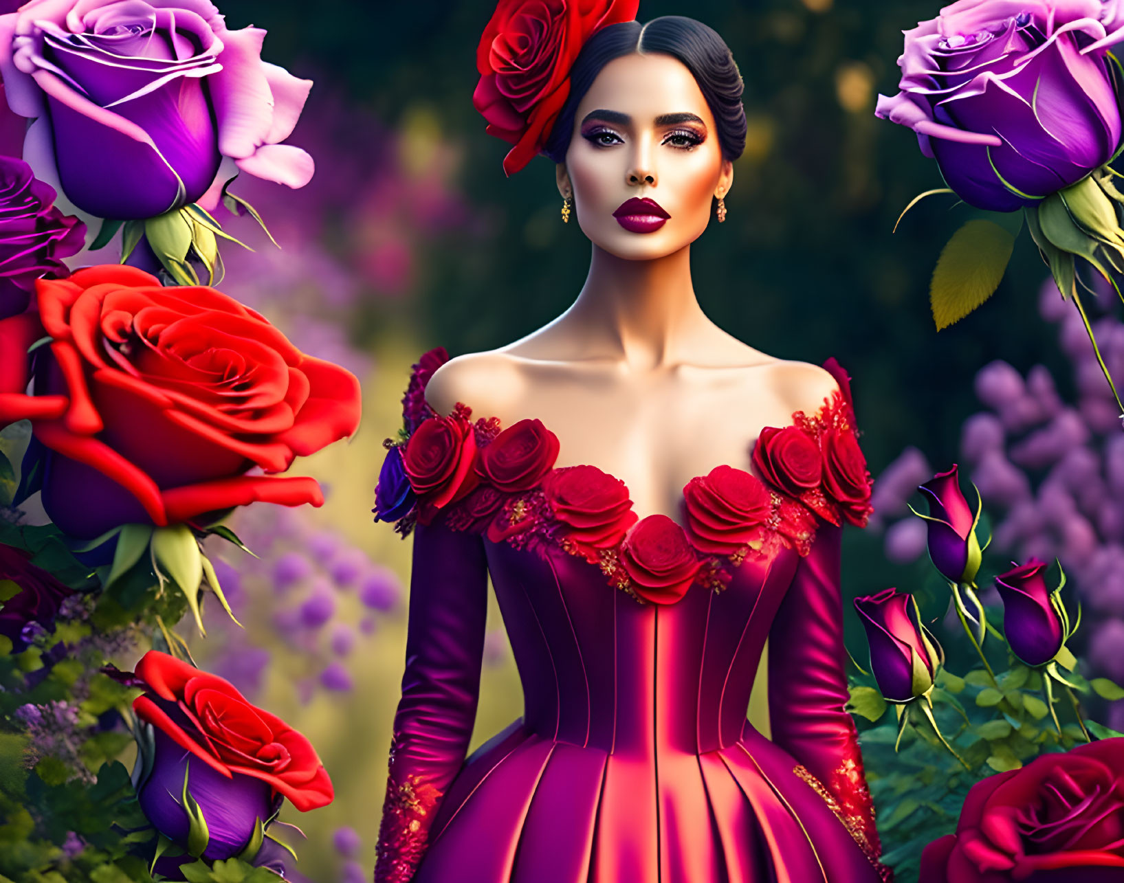 Woman with sleek hair and red rose in purple gown, surrounded by vivid roses.