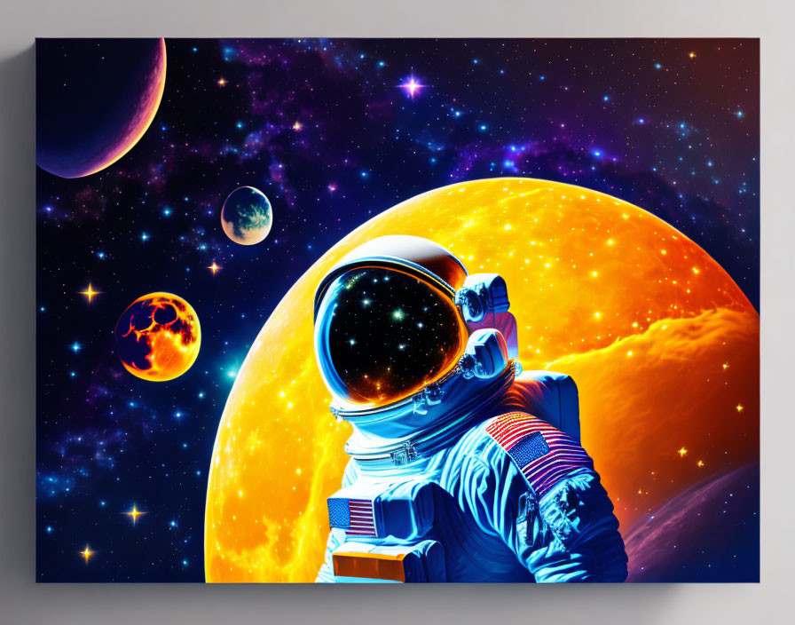 Colorful Astronaut Spacesuit Canvas Print with Cosmic Planets & Stars