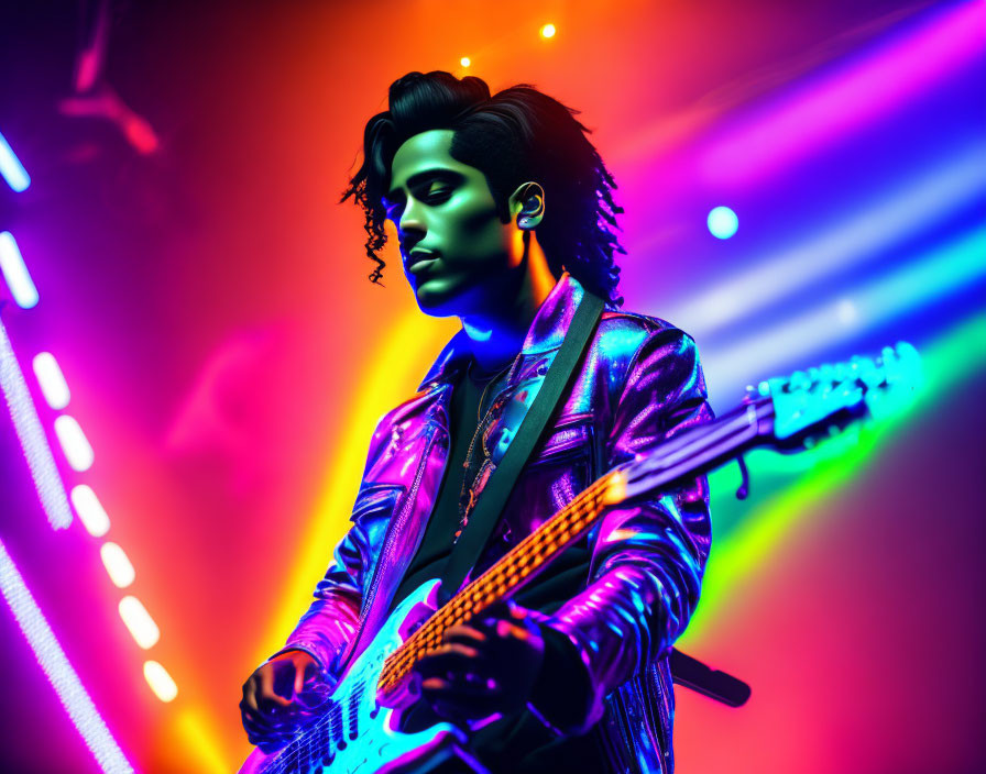 Musician in Leather Jacket Plays Guitar on Stage with Vibrant Lights