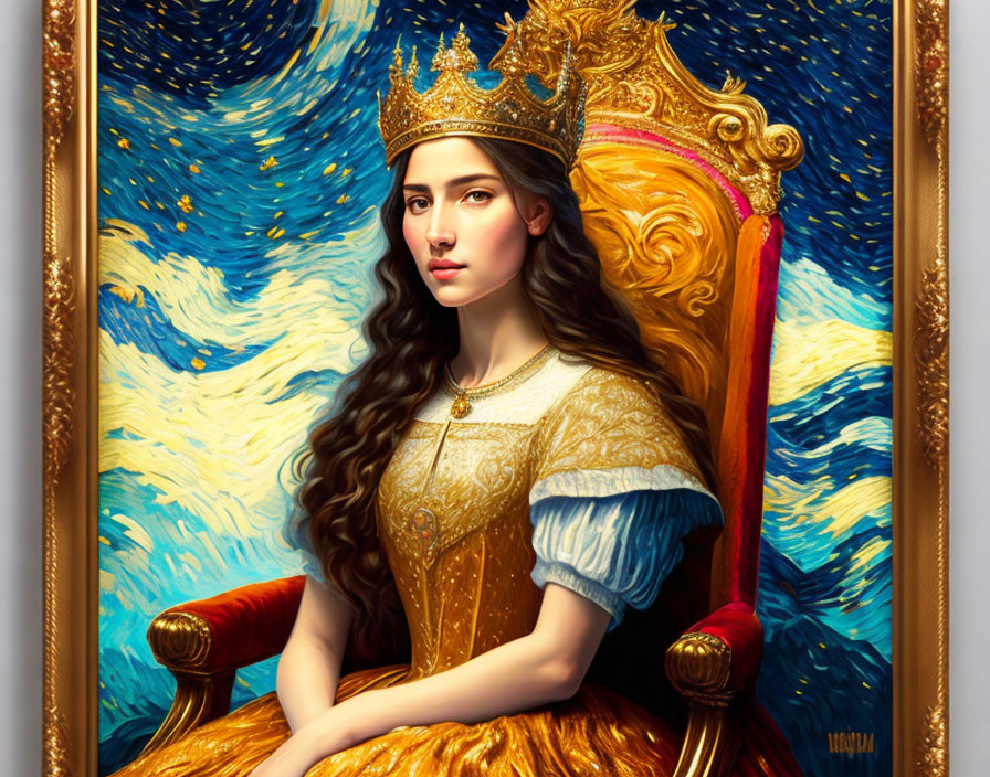 Regal woman with golden crown on throne in Van Gogh-esque setting