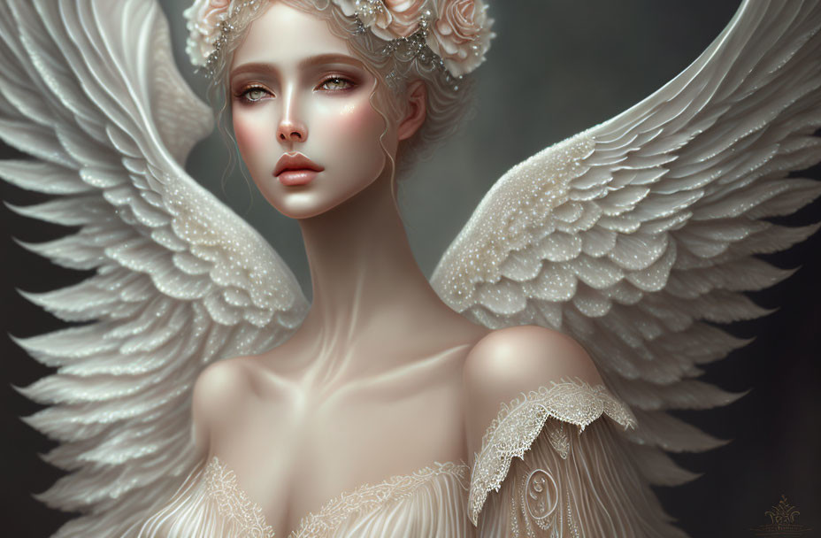 Ethereal woman with white wings in ornate attire.